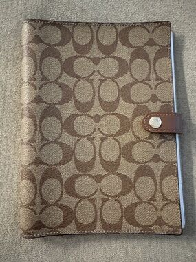 Coach Brown Signature Notebook Cover W/Brown Leather Snap Closure